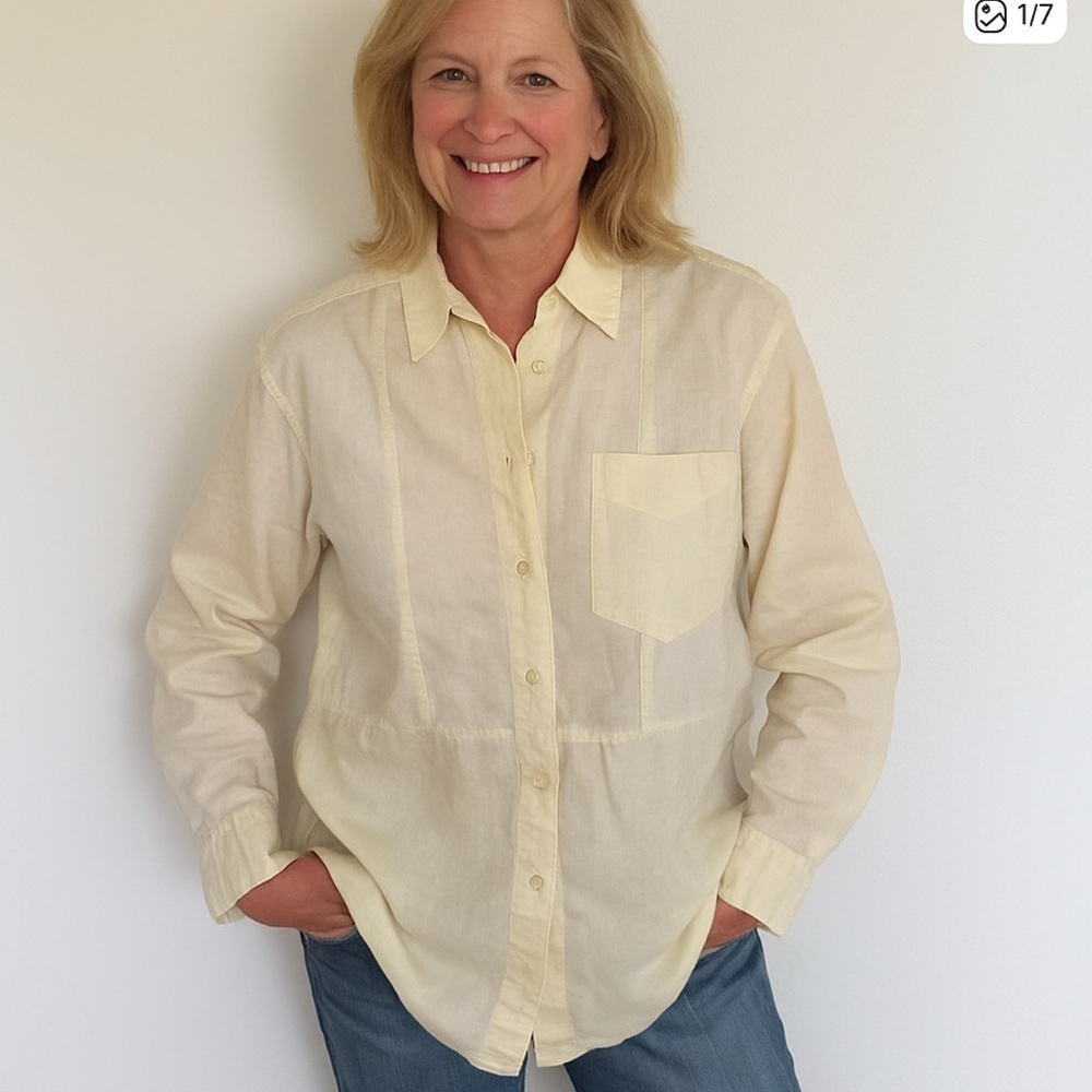 Susan Bristol Casuals Linen Patchwork Yellow Button Down - Picture 1 of 8